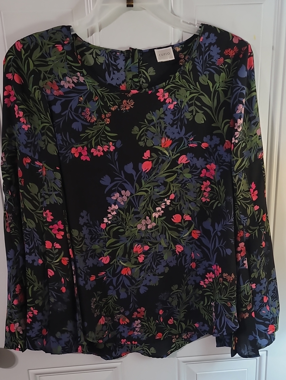 Cupio Black Floral Long Sleeve Top with Pink & Blue Accents